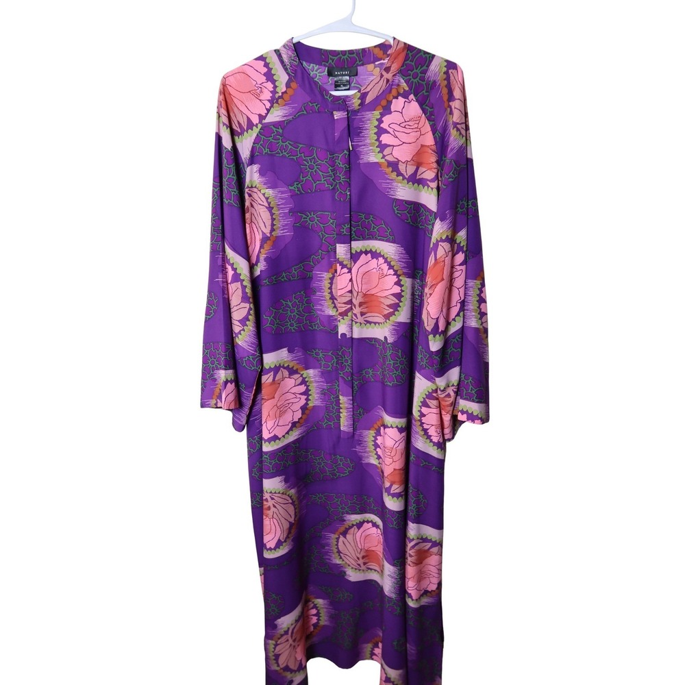 Natori Purple Floral Rose Caftan Maxi Robe XL Long Sleeve Zip Front Lounger